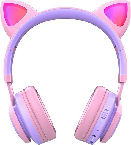 Riwbox Kids Headphones, CT-7S Cat Ear Bluetooth Headphones with LED Light, 85dB Volume Limiting, Over Ear with Microphone for Laptop/PC/TV (Pink&Purple) in Kuwait