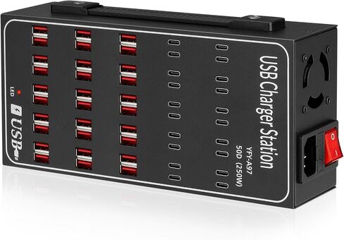 250W USB~c Charging Station, 50 Port (30 USB A & 20 USB~C Port) USB~C Charger Block, Fast Charging Station for Multiple Devices, Desktop USB Charger Compatible for iPhone, iPad, Tablets in Kuwait