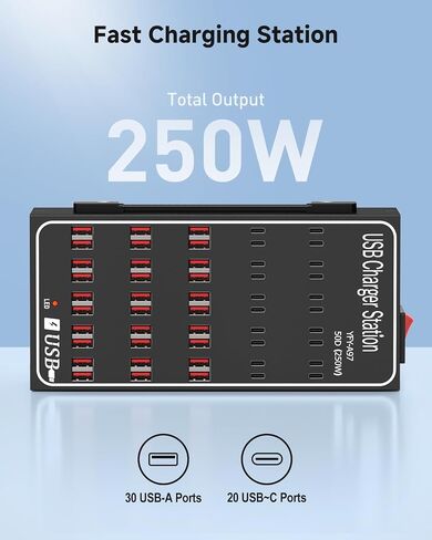 250W USB~c Charging Station, 50 Port (30 USB A & 20 USB~C Port) USB~C Charger Block, Fast Charging Station for Multiple Devices, Desktop USB Charger Compatible for iPhone, iPad, Tablets in Kuwait