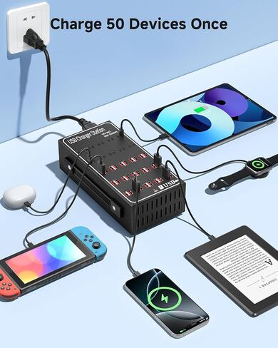 250W USB~c Charging Station, 50 Port (30 USB A & 20 USB~C Port) USB~C Charger Block, Fast Charging Station for Multiple Devices, Desktop USB Charger Compatible for iPhone, iPad, Tablets in Kuwait