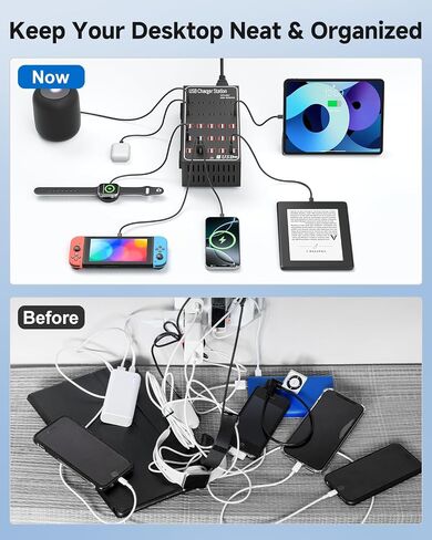 250W USB~c Charging Station, 50 Port (30 USB A & 20 USB~C Port) USB~C Charger Block, Fast Charging Station for Multiple Devices, Desktop USB Charger Compatible for iPhone, iPad, Tablets in Kuwait