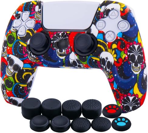 YoRHa Water Transfer Printing Silicone Thickened Cover Skin Case for PS5 Controller x 1(Madeup Skulls) with Thumb Grips x 10 in Saudi Arabia
