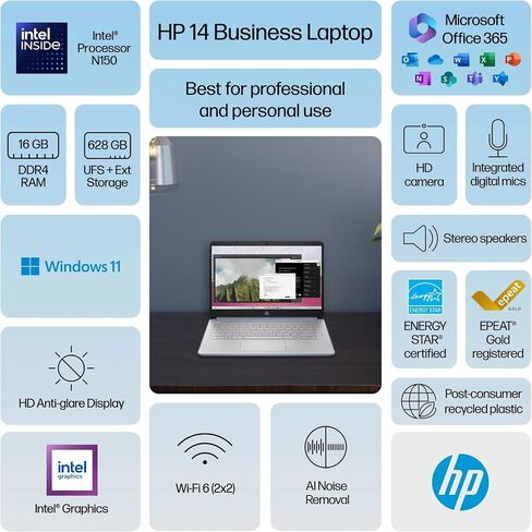 HP 14 Laptop Student Business 2025 Flagship Computer, AI Copilot, 4-Core 13th Gen Intel CPU, 16GB RAM 628GB Storage (128GB UFS+500GB Ext) 1-Yr Office 365 Long Battery HubxcelAccessory Win 11S Lavender in Saudi Arabia
