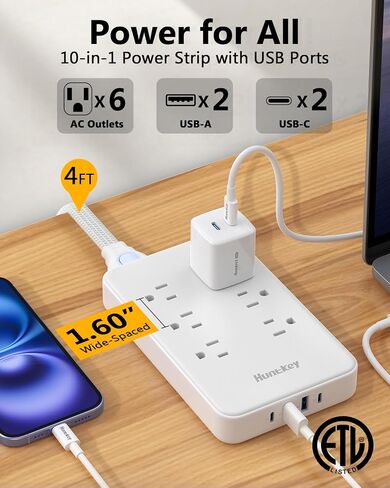 قطاع الطاقة المبتكرة ، تصميم الحبل القابل للإزالة (4ft) ، Huntkey 6 Outlets Surge Protector مع 4 منافذ USB (2 USB-C ، 2 USB-A) ، ETL المدرجة in Kuwait