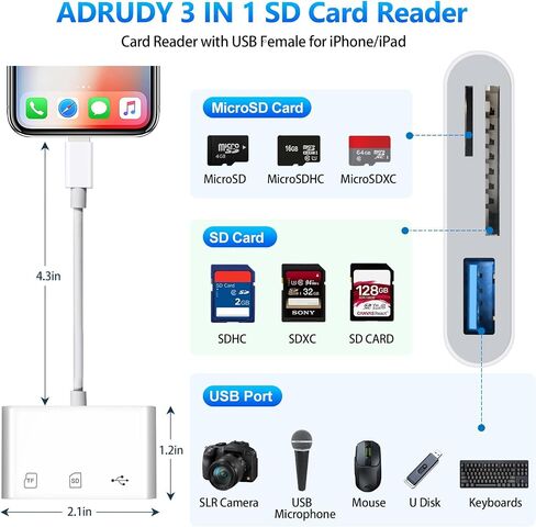 قارئ بطاقة SD لـ iPhone ipad ، قارئ بطاقة الذاكرة Adrudy مع SD MicroSD USB-A 3 فتحات لا يوجد تطبيق مطلوب in Saudi Arabia