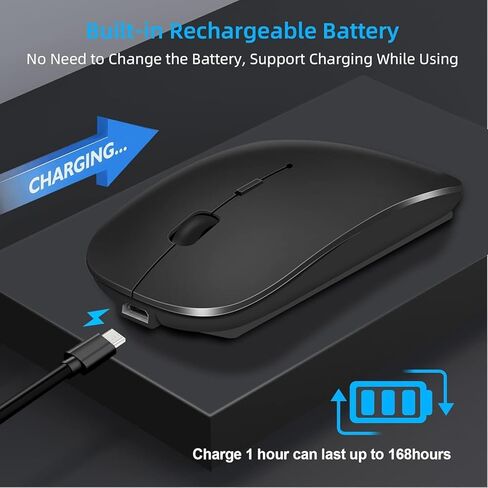 Mouse Jiggler ، Bluetooth 5.2/3.0 و 2.4 جيجا هرتز Type-C ، ماوس بلوتوث لاسلكي قابل لإعادة الشحن لـ iPad/MacBook Air/Macbook Pro/Latop/PC/Mac/iPad Pro/Computer (أسود) (سوداء) (أسود) (أسود) in Kuwait