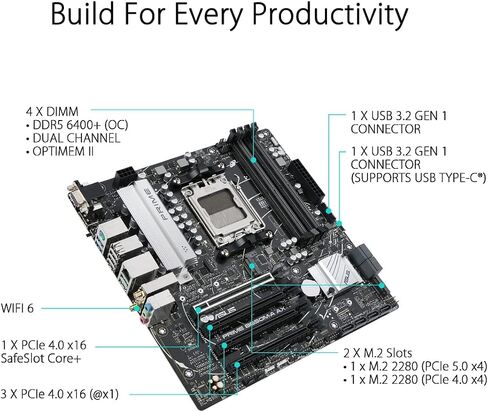 ASUS Prime B650M-A AX AMD B650(Ryzen 7000) Micro-ATX Motherboard(DDR5,PCIe 5.0 M.2,2.5Gb LAN,Wi-Fi 6, DP,USB 3.2 Gen 2 Ports,Front USB 3.2 Gen 1 Type-C®, BIOS Flashback™, CEC Tier II Ready) (Renewed) in Saudi Arabia