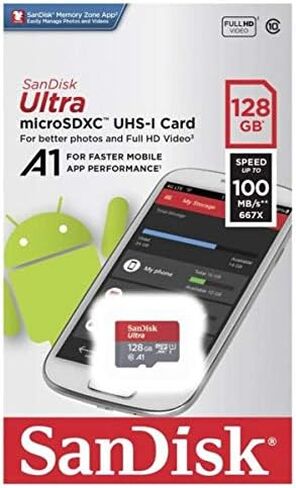 SanDisk 128GB SDXC Micro Ultra Memory Card Works with Samsung Galaxy A10, A20, A70 Cell Phone Class 10 (SDSQUAR-128G-GN6MN) Bundle with (1) Everything But Stromboli MicroSD and SD Card Reader in Saudi Arabia