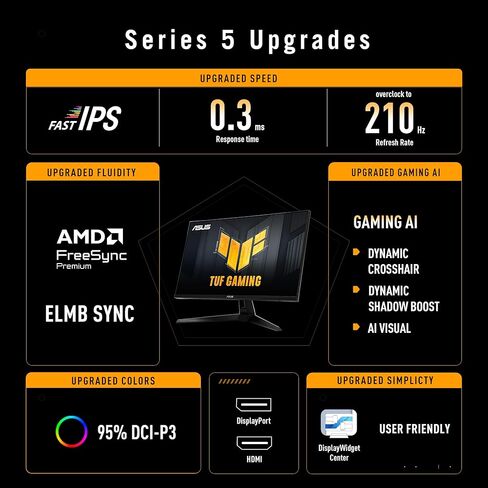 ASUS TUF Gaming 27 "1440p Monitor (VG27AQ5A) - QHD (2560 × 1440) ، 210 هرتز (OC) ، 0.3 مللي ثانية ، IPS سريع ، متزامن منخفض الحركة ، فريسينك بريميوم ، مكبرات الصوت ، مركز عرض العرض ، ألعاب AI ، 3 YR Sarranty in Saudi Arabia