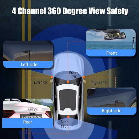 360 درجة عرض 4 قناة مرآة مرآة داش كاميرا منفصلة للسيارات ， داش الكاميرا الجانب الأمامي والخلفي (يسار ، يمين) ، 12 '' الكاميرا الخلفية المرآة FHD1080px4 ， الرؤية الليلية ، GPS ، شاشة وقوف السيارات ، بطاقة 128 جيجا بايت مجانية in Kuwait