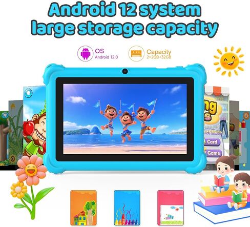 الأطفال اللوحي 7 بوصة Android 12.0 Edition Toddler ، شاشة IPS ، RAM 4GB 32GB ROM ، Bluetooth ، أدوات التحكم في الوالدين ، الكاميرا المزدوجة ، حالة رائعة للألعاب التعليمية. in Kuwait