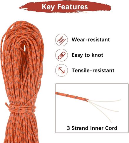 2 مم 98 قدم عاكس Guyline Camping Paracord [1pcs] - خطوط الرجل حبل الحبل الرفيع للغاية 3 خيوط الاستخدام للخيام التخييم والقطن والمشي - [Orange] in Kuwait