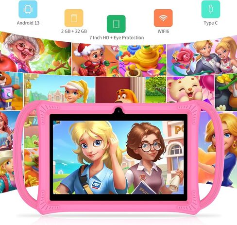 PRITOM Kids Tablets 7 inch, 32 GB, Toddler Tablet with Un-Zipped Case, WiFi, Dual Camera, Education, Games, Kids Software Pre-Installed, Parental Control, Pink in Kuwait