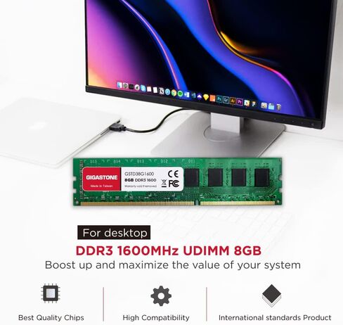 【DDR3 RAM】 GIGASTONE 8GB Kit (2x4GB) DDR3/DDR3L 1600MHz (1333MHz) PC3-12800 (PC3-10600) CL11 1.35V/1.5V 2Rx8 UDIMM 240 Pin Unbuffered Non ECC High Performance PC Desktop Memory Upgrade in Kuwait