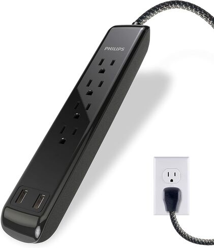 واقي التيار الكهربائي بـ 4 منافذ من فيليبس مع منفذي USB، وسلك طاقة بطول 4 أقدام، وسلك تمديد مضفر مصمم، وسلك تمديد مسطح، مثالي لديكور المكتب أو المنزل، 720 جول، 2.4 أمبير USB، SPC62 in Saudi Arabia