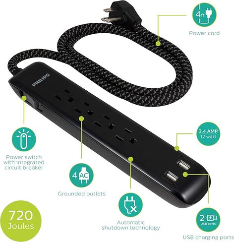 واقي التيار الكهربائي بـ 4 منافذ من فيليبس مع منفذي USB، وسلك طاقة بطول 4 أقدام، وسلك تمديد مضفر مصمم، وسلك تمديد مسطح، مثالي لديكور المكتب أو المنزل، 720 جول، 2.4 أمبير USB، SPC62 in Saudi Arabia