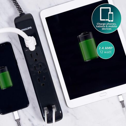 واقي التيار الكهربائي بـ 4 منافذ من فيليبس مع منفذي USB، وسلك طاقة بطول 4 أقدام، وسلك تمديد مضفر مصمم، وسلك تمديد مسطح، مثالي لديكور المكتب أو المنزل، 720 جول، 2.4 أمبير USB، SPC62 in Saudi Arabia