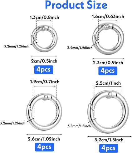 16 PCS Metal Spring Round Carabiner, 4 Sizes O Ring Keychain Clip Silver Round Carabiner Clip Snap DIY Accessories Spring Ring for Keychains Purse Bag Handbag(0.6/0.7/0.8/1 Inch) in Saudi Arabia