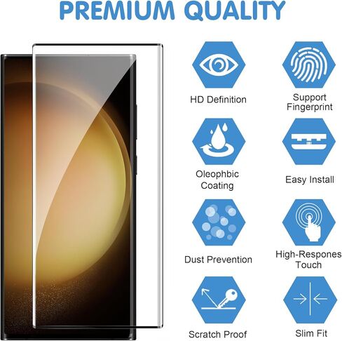 3 Pack Galaxy S23 Ultra Screen Protector, HD Clear Tempered Glass, Fingerprint Unlock, 3D Curved, Scratch Resistant, No Bubble for Samsung Galaxy S23 Ultra 5G Glass Screen Protector in Saudi Arabia