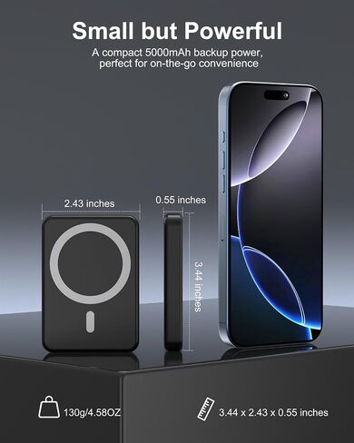 شاحن محمول مغناطيسي 5000 مللي أمبير في الساعة ، ضفة طاقة مغناطيسية ضئيلة مع كابل USB-C متوافق مع iPhone 16/15/14/13/12 سلسلة in Kuwait