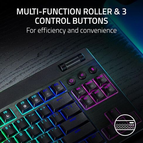Razer Blackwidow V4 Low Plump TKL Hyperspeed اللوحة اللاسلكية اللوحة اللاسلكية: مفاتيح ميكانيكية صفراء - 2.4 جيجا هرتز لاسلكي وبلوتوث - أسطوانة متعددة الوظائف - 3 أزرار تحكم - عمر بطارية طويلة in Kuwait