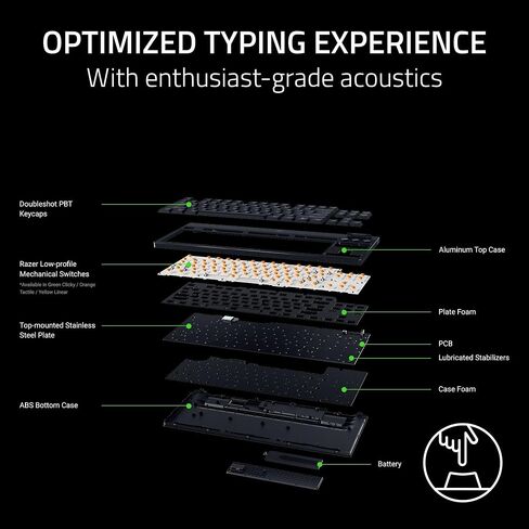 Razer Blackwidow V4 Low Plump TKL Hyperspeed اللوحة اللاسلكية اللوحة اللاسلكية: مفاتيح ميكانيكية صفراء - 2.4 جيجا هرتز لاسلكي وبلوتوث - أسطوانة متعددة الوظائف - 3 أزرار تحكم - عمر بطارية طويلة in Kuwait