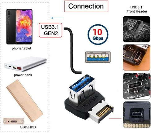 xiwai USB 3.1 Front Panel Header Adapter Type-E Male to Type-A USB3.0 Female Data Converter Up Angled 90 Degree for Motherboard in Saudi Arabia