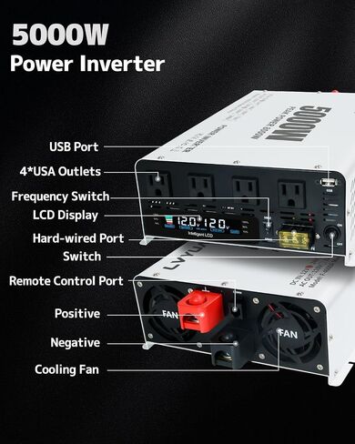 Lvyuan 5000 واط العاكس الطاقة 12V إلى 110 فولت 120V DC إلى محول AC مع 4 منافذ التيار المتردد ، شاشة LCD ، ميناء شحن USB ، التحكم عن بُعد للسيارة في المنزل RV في الهواء الطلق العاكس in Kuwait