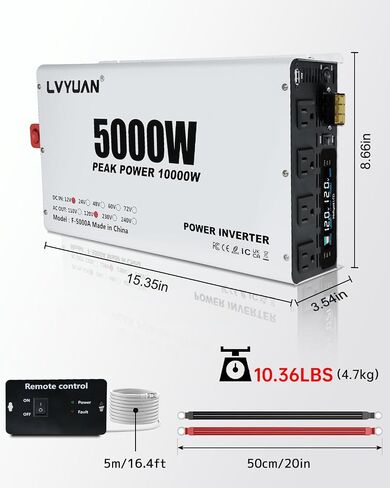 Lvyuan 5000 واط العاكس الطاقة 12V إلى 110 فولت 120V DC إلى محول AC مع 4 منافذ التيار المتردد ، شاشة LCD ، ميناء شحن USB ، التحكم عن بُعد للسيارة في المنزل RV في الهواء الطلق العاكس in Kuwait