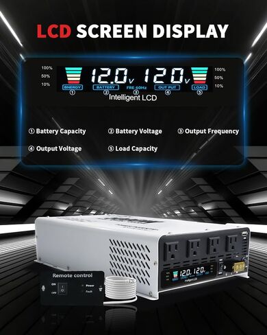 Lvyuan 5000 واط العاكس الطاقة 12V إلى 110 فولت 120V DC إلى محول AC مع 4 منافذ التيار المتردد ، شاشة LCD ، ميناء شحن USB ، التحكم عن بُعد للسيارة في المنزل RV في الهواء الطلق العاكس in Kuwait