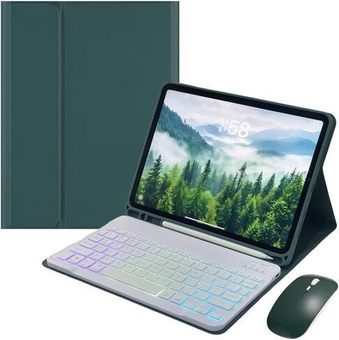 Rainbow Backlit Keyboard Case for iPad 9th / 8th / 7th Generation 10.2"/iPad Pro 10.5"/iPad Air 3rd Gen with Mouse and Backlight Detachable Bluetooth Keyboard Cover,Dark Green+Black in Kuwait
