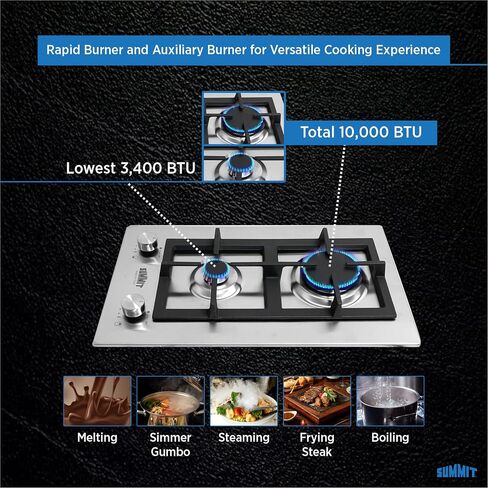 Summit Appliance GCJ2SSLP 12" Wide 2-Burner Propane Gas Cooktop, Stainless Steel Surface, Sealed Burners, Push-to-turn Knobs, Thermocouple Flame Failure Protection, 11.25" x 19" Cutout Size in Saudi Arabia