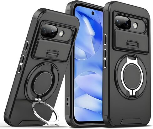 Compatible for Pixel 9A Case with Screen Protector & Slide Camera Lens Cover,Built-in 360°Rotate Magnetic Ring Stand Shockproof Protective Teens Phone Case-Purple in Saudi Arabia
