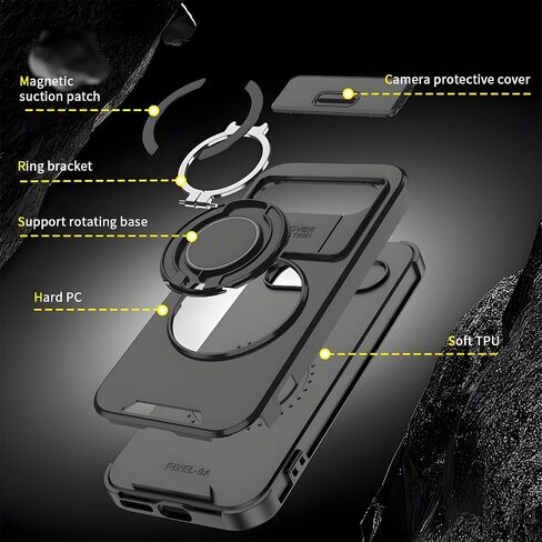 Compatible for Pixel 9A Case with Screen Protector & Slide Camera Lens Cover,Built-in 360°Rotate Magnetic Ring Stand Shockproof Protective Teens Phone Case-Purple in Saudi Arabia