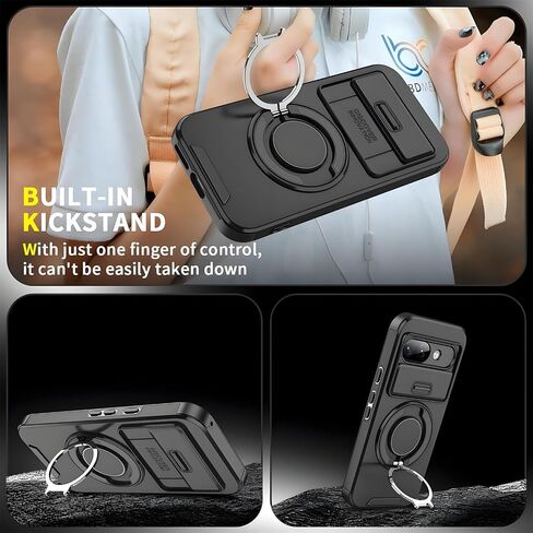 Compatible for Pixel 9A Case with Screen Protector & Slide Camera Lens Cover,Built-in 360°Rotate Magnetic Ring Stand Shockproof Protective Teens Phone Case-Purple in Saudi Arabia