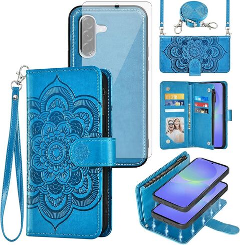 علبة الهاتف لـ Samsung Galaxy A36 5G SHIPPER WALLET غطاء خلايا قابلة للفصل مع حامي شاشة زجاجية مقسّلة Crossbody Lanyard Mandala حامل بطاقة زهرة 36 ​​3 36A LTE SM-A366U نساء بني بني in Saudi Arabia