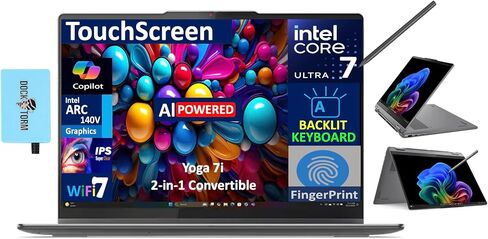Lenovo Yoga 7i ai copilot+ pc 2-in-1 الكمبيوتر المحمول 16.0 "شاشة تعمل باللمس IPS FHD+ (Intel Ultra 7-256V حتى 47 قمم ، 16 جيجا بايت LPDDR5x ، 2TB SSD ، قلم نشط ، خلفي KB ، FP ، Win11Pro) W/DKZ Port Port in Saudi Arabia