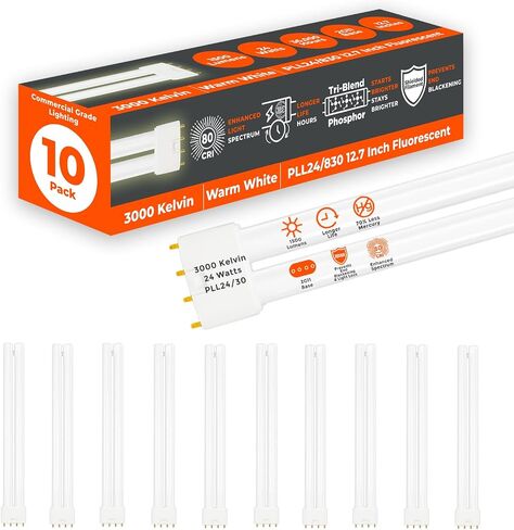 GoodBulb PLL24/830 | 24W 12.7" Twin Tube Compact Fluorescent Light Bulb | 4-pin 2G11 Base 3000K Warm White 1500 Lumen | 36000 Hour Long Life Biax | Pack of 10 in Kuwait