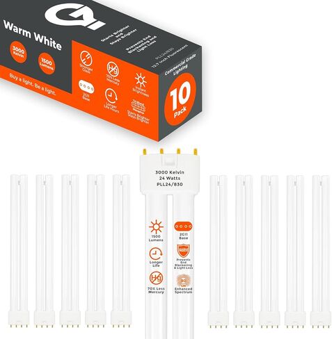 GoodBulb PLL24/830 | 24W 12.7" Twin Tube Compact Fluorescent Light Bulb | 4-pin 2G11 Base 3000K Warm White 1500 Lumen | 36000 Hour Long Life Biax | Pack of 10 in Kuwait