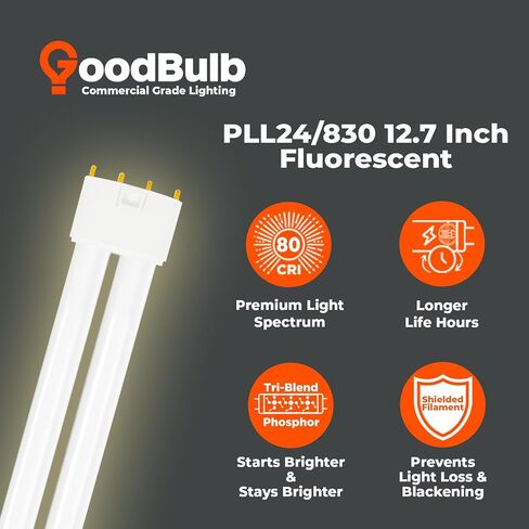 GoodBulb PLL24/830 | 24W 12.7" Twin Tube Compact Fluorescent Light Bulb | 4-pin 2G11 Base 3000K Warm White 1500 Lumen | 36000 Hour Long Life Biax | Pack of 10 in Kuwait