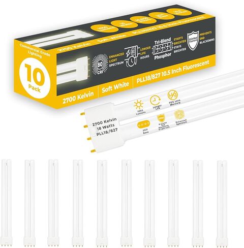 GoodBulb PLL18/827 | 18W 8.9" Twin Tube Compact Fluorescent Light Bulb | 4-pin 2G11 Base 2700K Soft White 1050 Lumen | 36000 Hour Long Life Biax | Pack of 10 in Kuwait