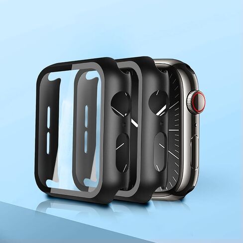 2 علبة وقائية من Pack Pack PC مع واقي شاشة زجاجي مقسى متوافق مع Apple Watch Series 9 Series 8 Series 7 41mm لـ IWatch Cover-Black in Saudi Arabia