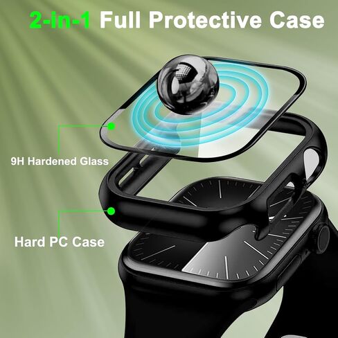 2 علبة وقائية من Pack Pack PC مع واقي شاشة زجاجي مقسى متوافق مع Apple Watch Series 9 Series 8 Series 7 41mm لـ IWatch Cover-Black in Saudi Arabia