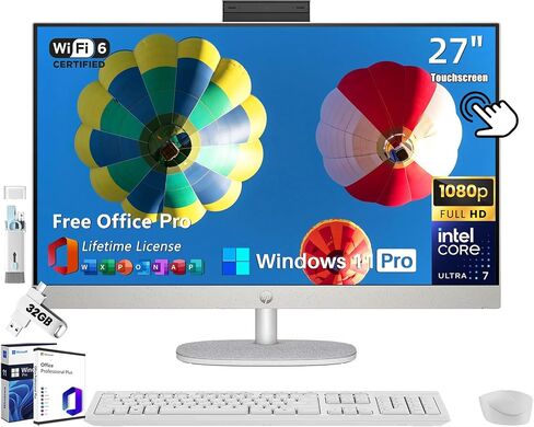 HP 27 All-in-One Desktop PC, 27" FHD Touchscreen, Intel Ultra 7-155U(12-core), 32 GB DDR5, 1 TB SSD, Adjustable Angle, WiFi 6, Win 11 Pro & Microsoft Office Lifetime License, with Bonus Accessories in Saudi Arabia