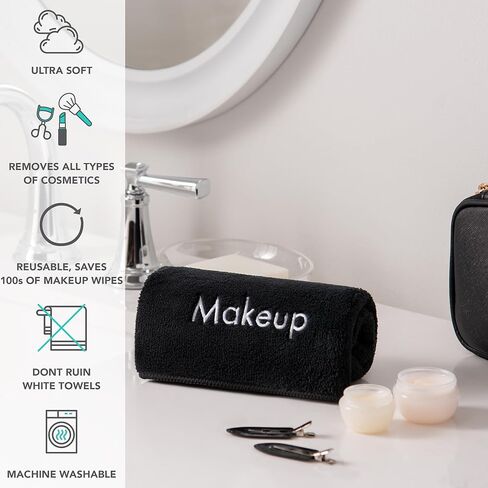 مناشف مكياج مكياج Arkwright - حزمة من 6 - ناعمة من الألياف الدقيقة الناعمة ولطيفة ، مزيل مزيفة مكياج ، من نوع ما من القماش ، من أجل إعادة استخدام المضيفين والفنانين ، 13 × 13 بوصة ، أسود/أبيض in Kuwait