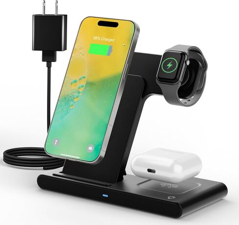 محطة شحن لشاحن iPhone: 3-in-1 Desk Stand أجهزة متعددة لـ iPhone 16e 16e 16 15 14 13 12 Pro Max لـ Apple Watch و Airpods Ultra Series-سرير ناشط in Kuwait