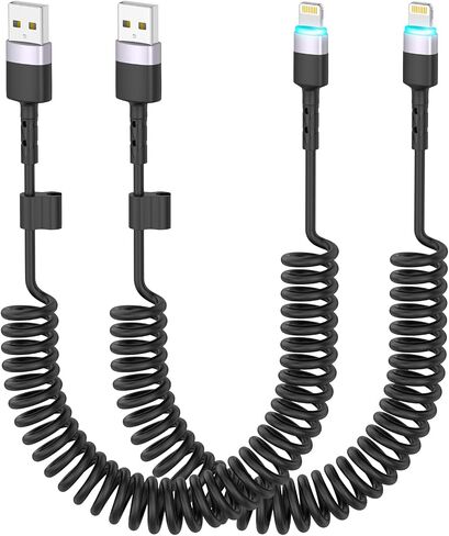 Opluz Coiled iPhone Charger Cord 2 Pack Coiled Lightning Cable 3FT USB Carplay Cable Car Accessories Short iPhone Car Charger Cord [MFi Certified] Short USB to Lightning Cable Black in Kuwait