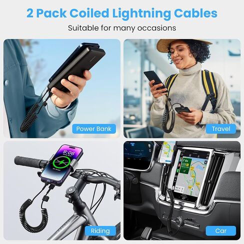Opluz Coiled iPhone Charger Cord 2 Pack Coiled Lightning Cable 3FT USB Carplay Cable Car Accessories Short iPhone Car Charger Cord [MFi Certified] Short USB to Lightning Cable Black in Kuwait