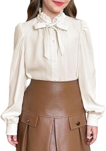 WDIRARA Girl's Contrast Mesh Bow Front Shirt Cute Mock Neck Long Flounce Sleeve Blouse Top in Kuwait