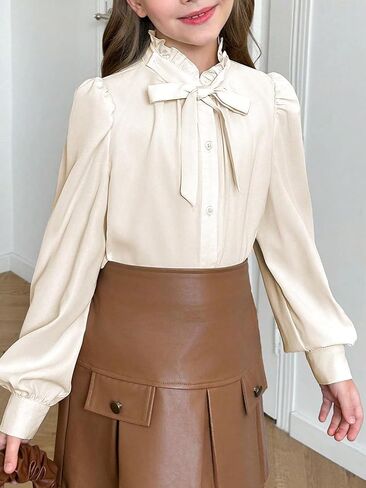 WDIRARA Girl's Contrast Mesh Bow Front Shirt Cute Mock Neck Long Flounce Sleeve Blouse Top in Kuwait